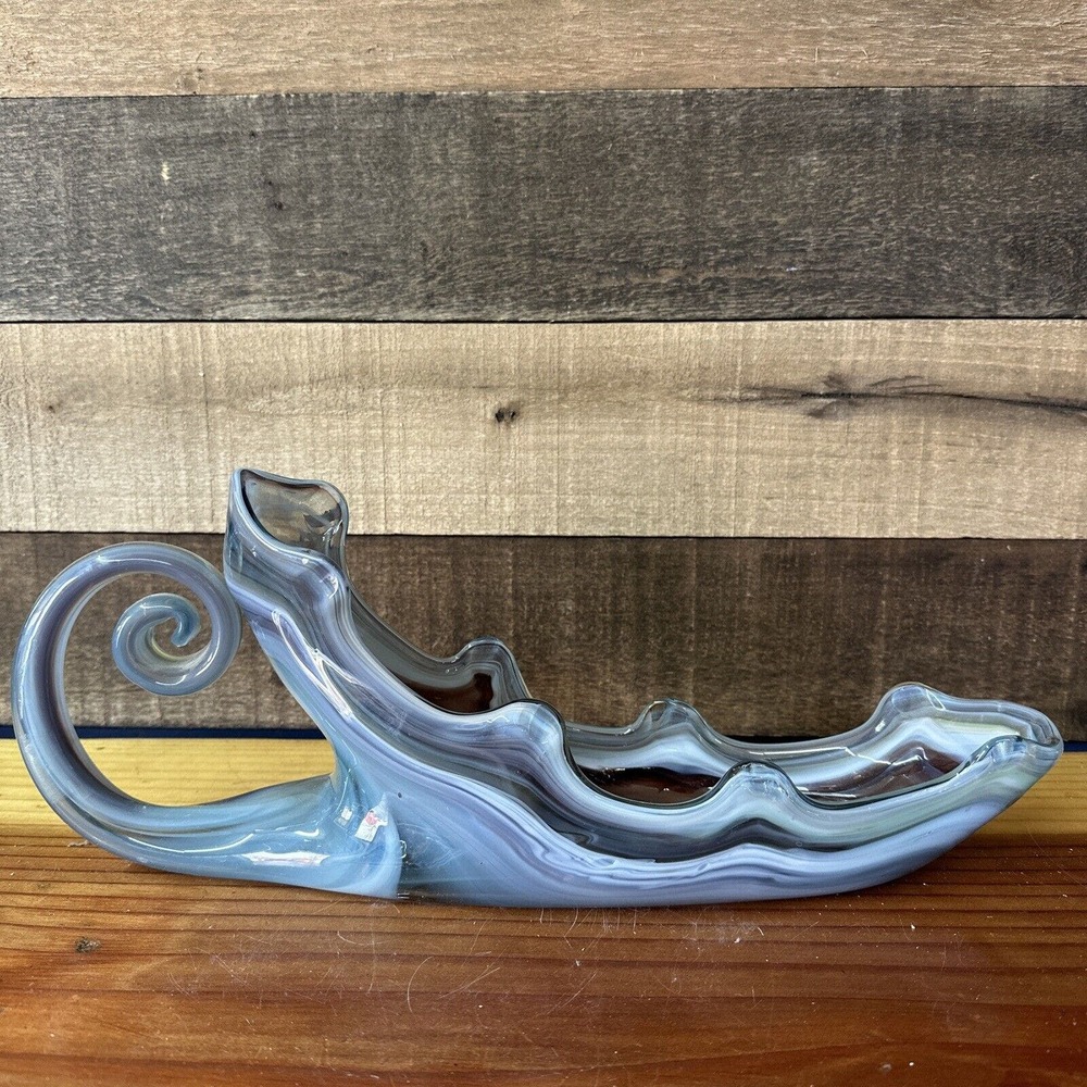 Vintage Hand Blown Art Glass Bowl Wine Bottle Holder White Purple 15.5” Long